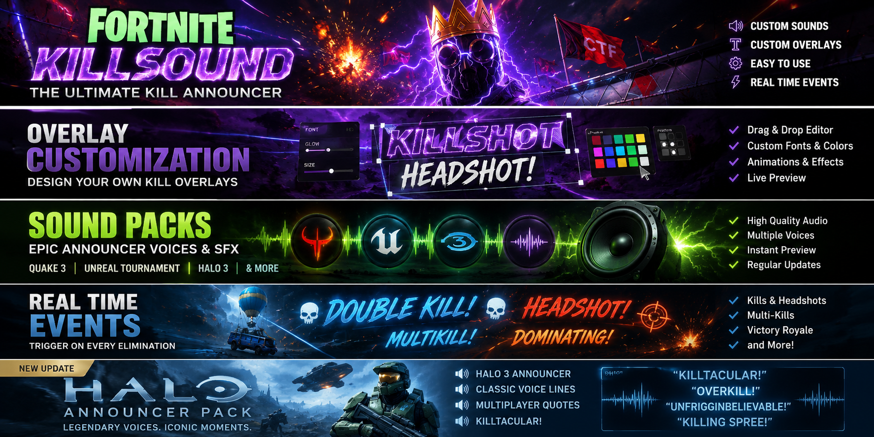 Sound pack advertisement showing multiple announcer voices and audio waveforms