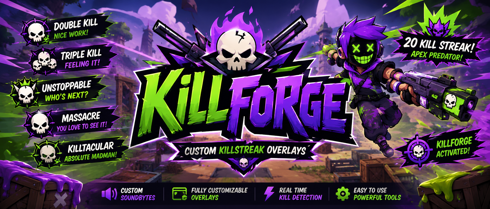 KillForge app interface showing custom kill announcements and overlays in Fortnite